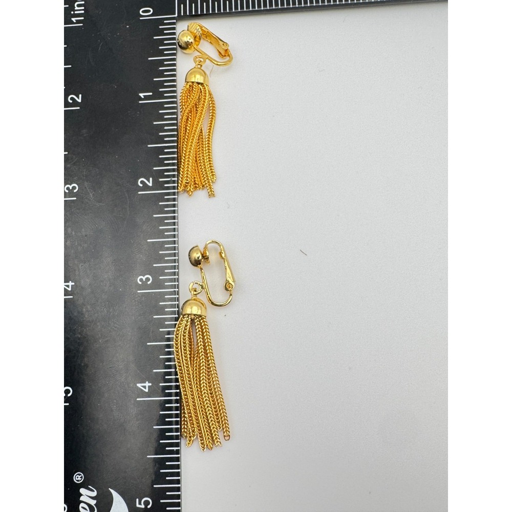 Vintage Tassel Earrings Gold Tone Clip On Fringe Dangle Multi Strand Chain - Picture 4 of 5